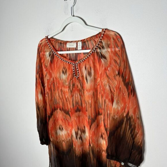Chicos Top Womens Large Orange Sheer Beaded Chiffon 3/4 Sleeve Shirt Flowy‎ Boho - Picture 11 of 11